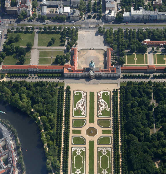 An aerial view of the Charlottenburg Palace is seen during a flight over Berlin.