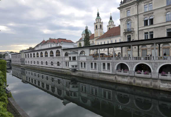 River Ljubljanica near closed market in old part of Ljubljana.