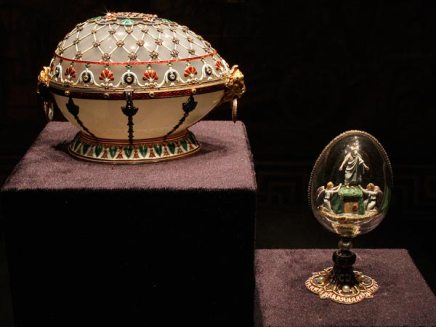 The Renaissance Egg (L) and the Resurrection Egg are displayed at an exhibition.