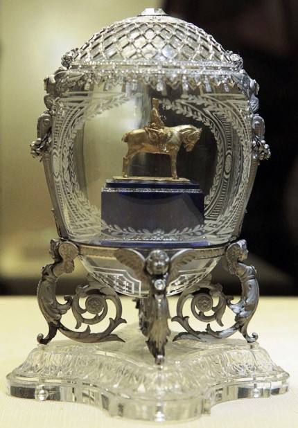 The 'Alexander III Monument' egg by Faberge sits on display in the Kremlin.