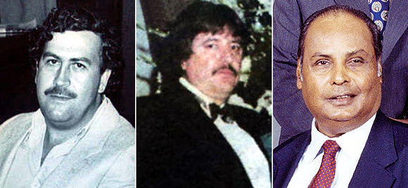 Pablo Escobar, left. Amado Carrillo Fuentes, centre, and Dhirubhai Ambani, right.
