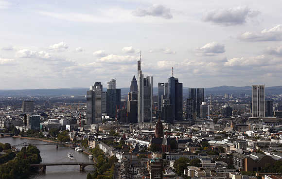 The skyline of Frankfurt is pictured from top floor of the headquarters of the European Central Bank.