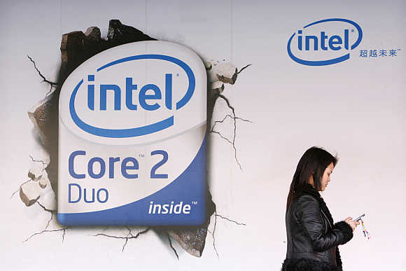 An Intel Core Duo advertisement outside a computer shop in Beijing.