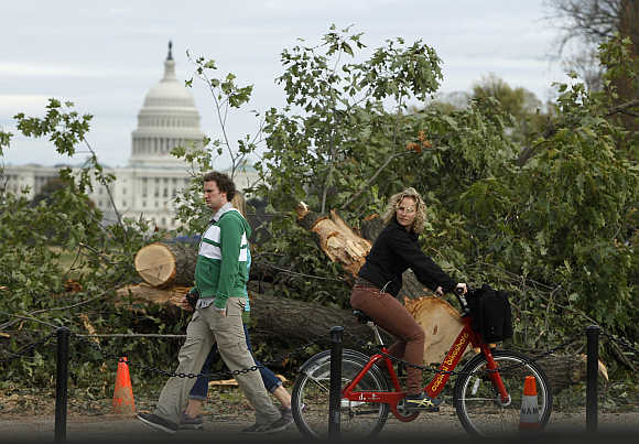 Pedestrians pass by a tree that was destroyed by Hurricane Sandy in Washington, DC.