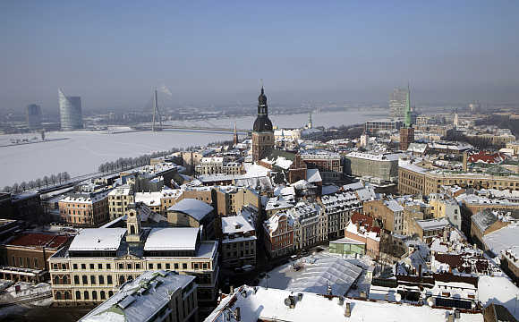 View of Riga's Old City in snow.
