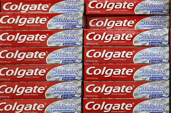 A display of Colgate toothpaste is seen on a store shelf in Westminster, Colorado, United States.