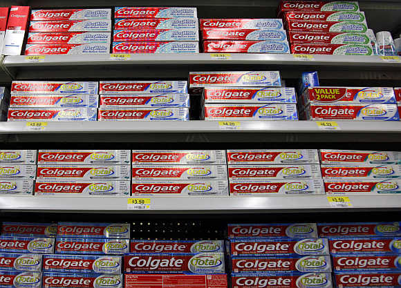 A display of Colgate toothpaste is seen on a store shelf in Westminster, Colorado, United States.