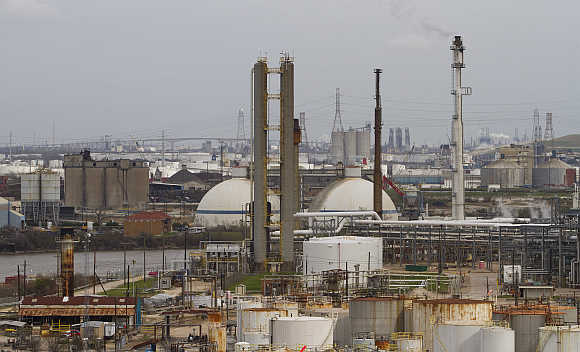 An oil refinery and storage facility south of downtown Houston.