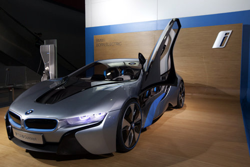 The BMW i8 Concept Spyder hybrid gas/electric car