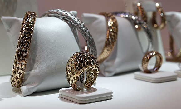Jewellery is displayed at the Valenza international jewels exposition in Valenza, northern Italy.