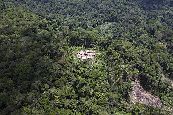 An aerial view shows the Yanomami Indian community of Irotatheri in the southern Amazonas state of Venezuela.