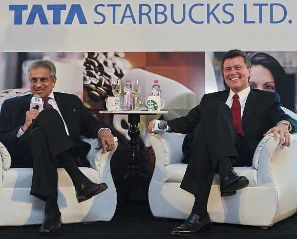 Vice-Chairman of Tata Global Beverages RK Krishna Kumar, left, and President of Starbucks China and Asia Pacific John Culver, right, in Mumbai. A file photo.