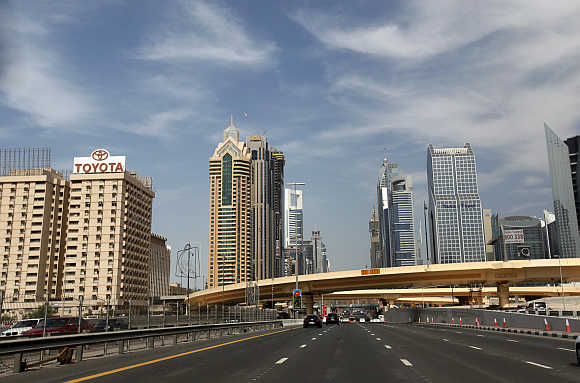 High-rise residential and office towers are seen near Sheikh Zayed Road in Dubai.