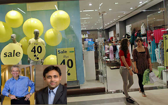 Michael Silverstein and Abheek Singhi, inset. Shoppers leave a store inside a mall in Mumbai.