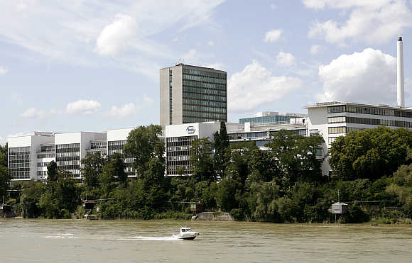 A view shows the plant of Swiss pharmaceutical company Roche, owner of Genentech, and the Rhine River in Basel, Switzerland.