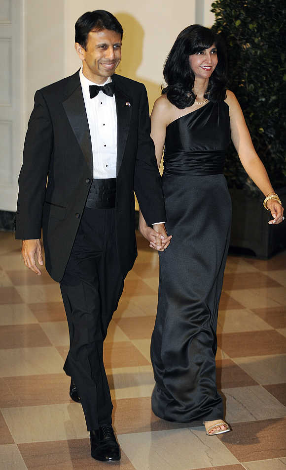 Louisiana Governor Bobby with his wife Supriya Jindal at the White House in Washington, DC.