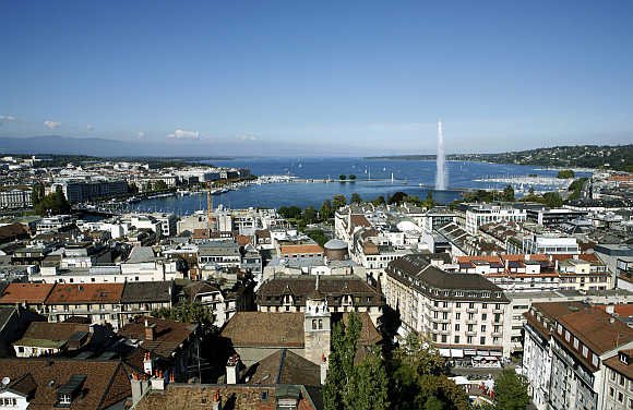 A view of the jet d'eau, or water fountain, and the Lake Leman from the St-Pierre Cathedrale in Geneva.
