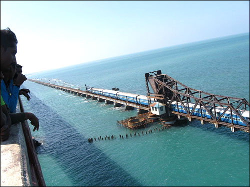 A view of the Pamban Railway Bridge that links Rameshwaram to the mainland.