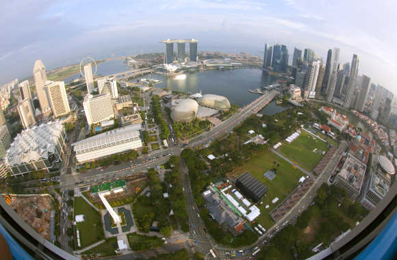 An aerial view of Marina Bay and Singapore's central business district.