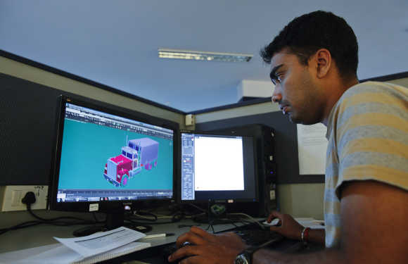 A game artist sits at his workstation on the floor of Dhruva Interactive's offices in Bangalore.