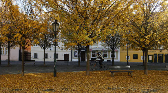 A cyclist rides his bicycle through Prague's historical neighbourhood of Kampa.