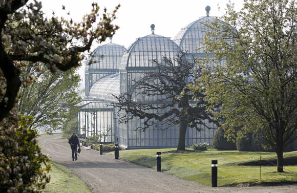 A visitor walks past one of the greenhouses on the grounds of the Belgian royal family's residence of Laeken in Brussels.
