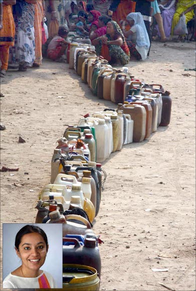 Farzana Afridi, inset. A queque outside a ration shop to collect kerosene in Chandigarh.