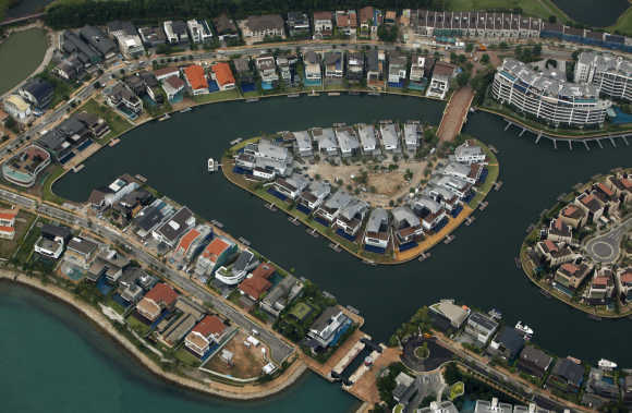 An aerial view of the Sentosa Cove luxury homes in Singapore.