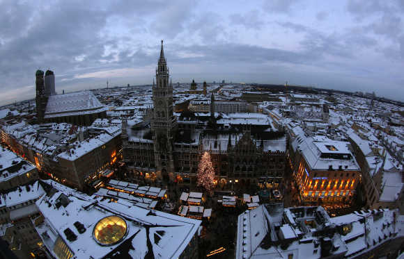 A view of Munich's townhall during the Christmas market.