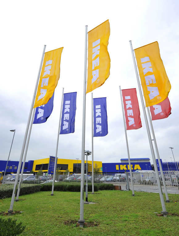 Ikea flags are seen at the Wembley branch of the Swedish international furniture and home accessories company in west London.