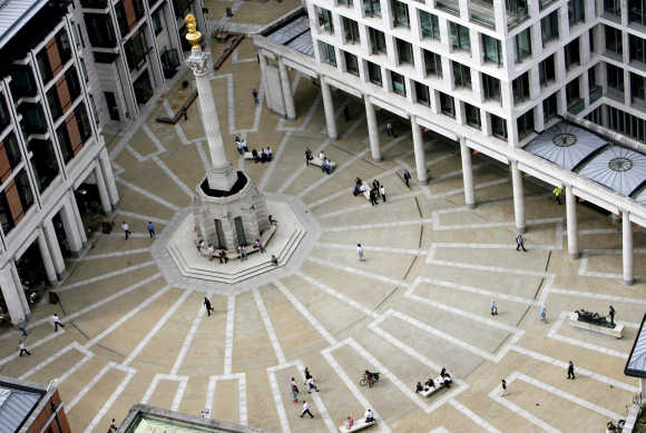Paternoster Square is seen from the dome of St Paul's Cathedral in London.