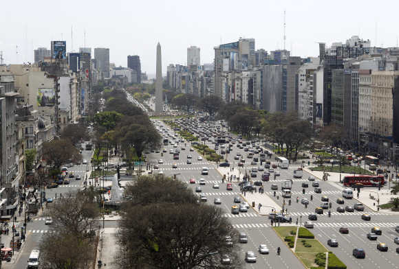 A view of Buenos Aires 9 de Julio Avenue with the Obelisk in the background.