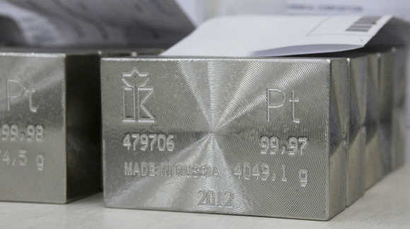 Ingots of 99.97 and 99.98 per cent pure platinum are placed at the Krastsvetmet non-ferrous metals plant in Krasnoyarsk, Russia.