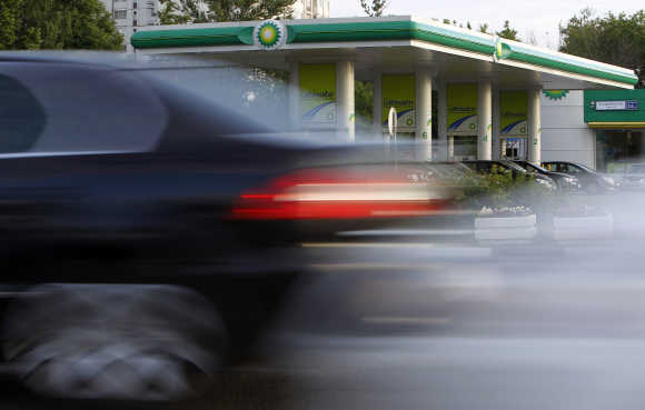 A car drives past a BP petrol station in Moscow.