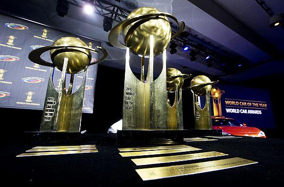 Trophies sit on a table before the awards are given out.