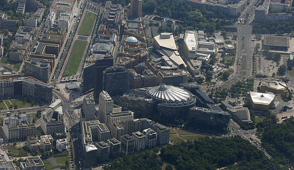 An aerial view of the Sony Center and the Potsdamer Platz in Berlin, Germany.