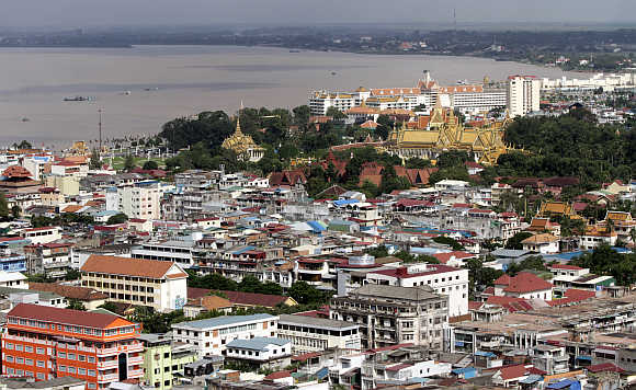 An overview of Phnom Penh city and the Mekong river in Cambodia.