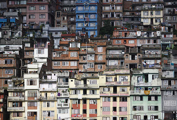 Houses built at the hilltop of the ancient city of Kirtipur are pictured in Kathmandu, Nepal.