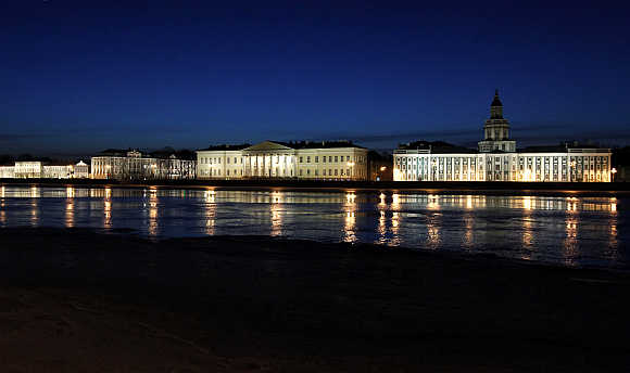 A view of the University embankment in St Petersburg, Russia.