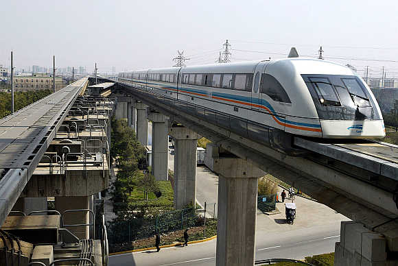 A maglev train drives into a terminal station in Shanghai, China.