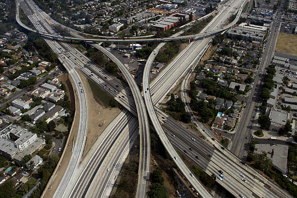The 405 freeway looking southbound running underneath the 10 freeway in Los Angeles, California.
