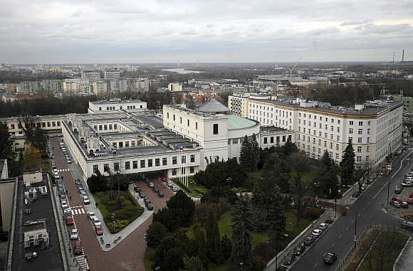 A view of the Parliament building in Warsaw, Poland.