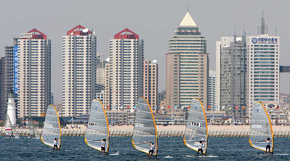 Competitors of the Qingdao International Regatta sailing competition take part in Qingdao, China's eastern province of Shandong.
