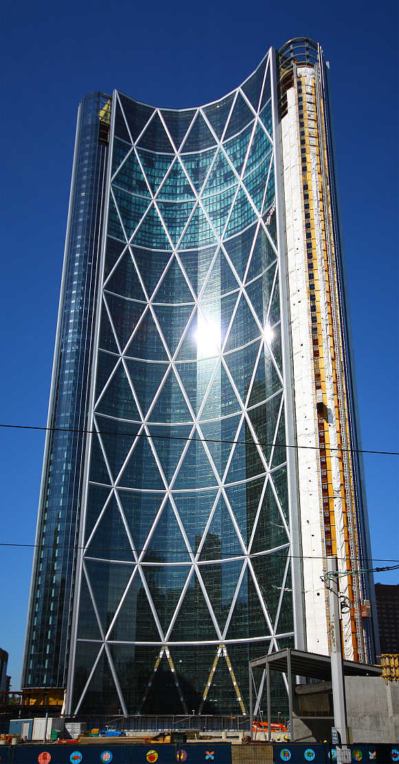 View of the Bow Tower from 7th Avenue S in downtown Calgary, Alberta, Canada.