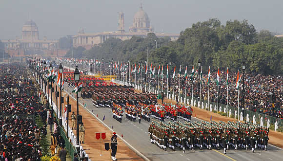 Indian soldiers march during the Republic Day parade in New Delhi.