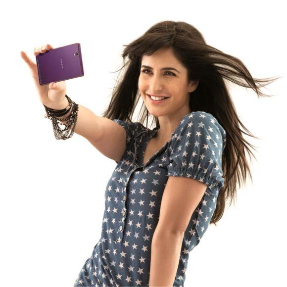 Sony Xperia smartphone brand ambassador Katrina Kaif with an Xperia smartphone.