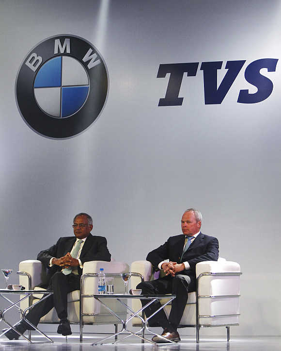 TVS Motor Chairman Venu Srinivasan, left, and BMW Motorrad President Stephan Schaller in Chennai.