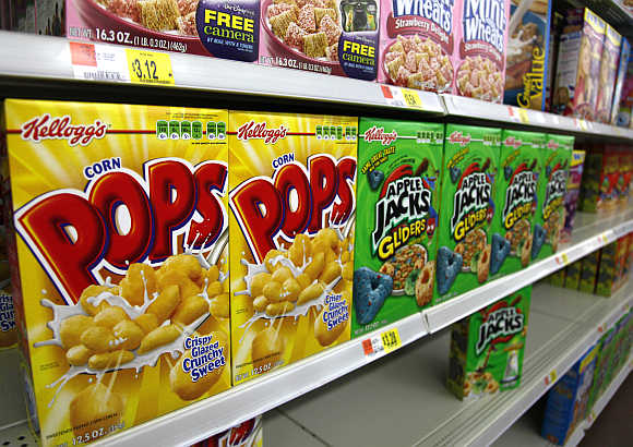 Boxes of Kellogg's cereal are displayed on a store shelf in Westminster, Colorado, United States.