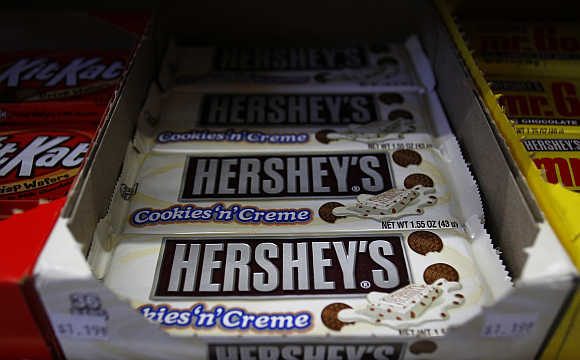 Hershey's candy bars are displayed at a gas station in Phoenix, Arizona, United States.