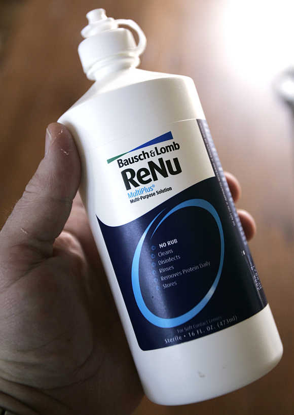A bottle of Bausch and Lomb's ReNu MultiPlus contact lens solution in Denver, United States.
